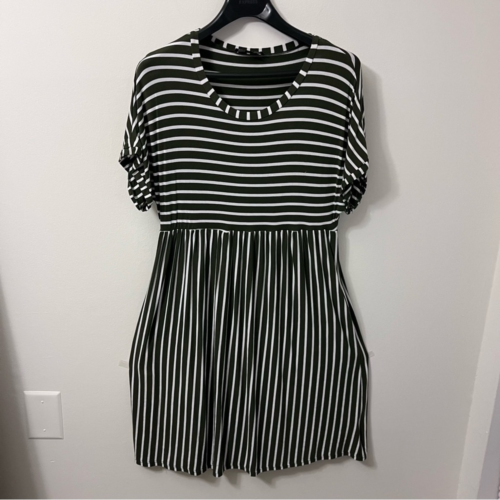 Suzanne Betro Olive Green and White Striped Maxi Dress